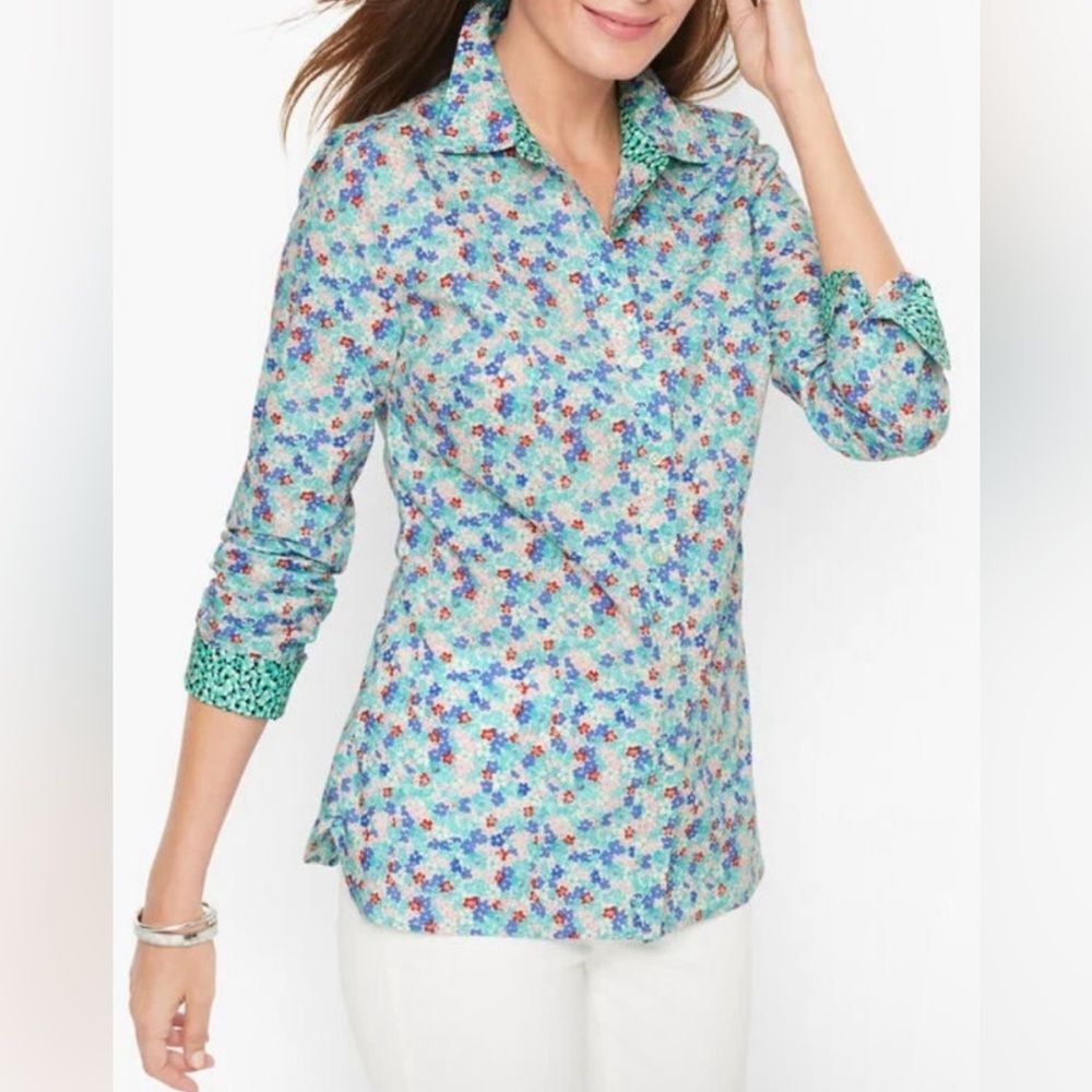 New Talbots Blue Floral Button Down Shirt Women's Large Cottagecore Long Sleeve